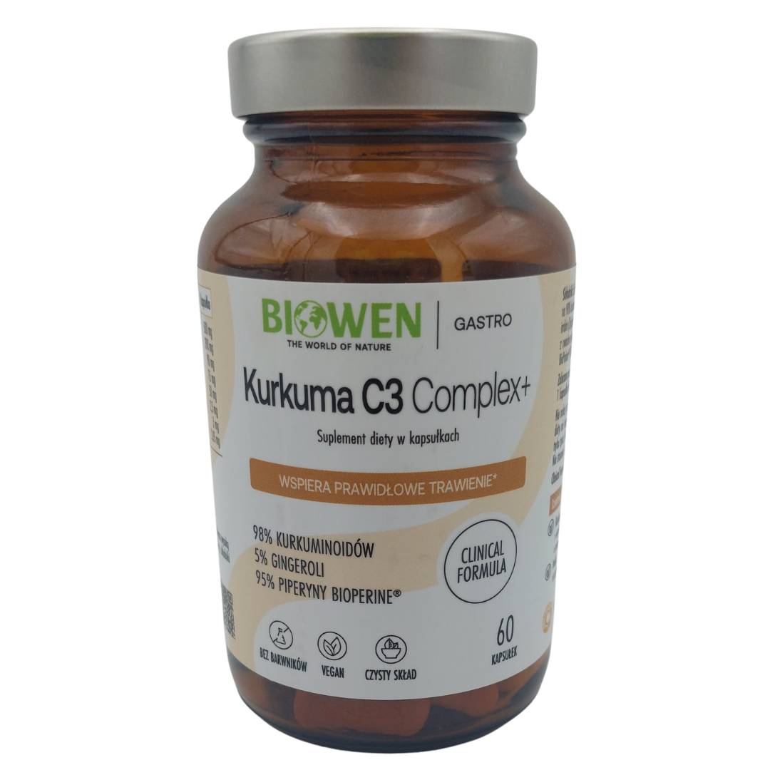 Biowen Kurkuma C3 Complex+ z piperyną BioPerine i imbirem, 60 kapsułek wegańskich w szklanym słoiku