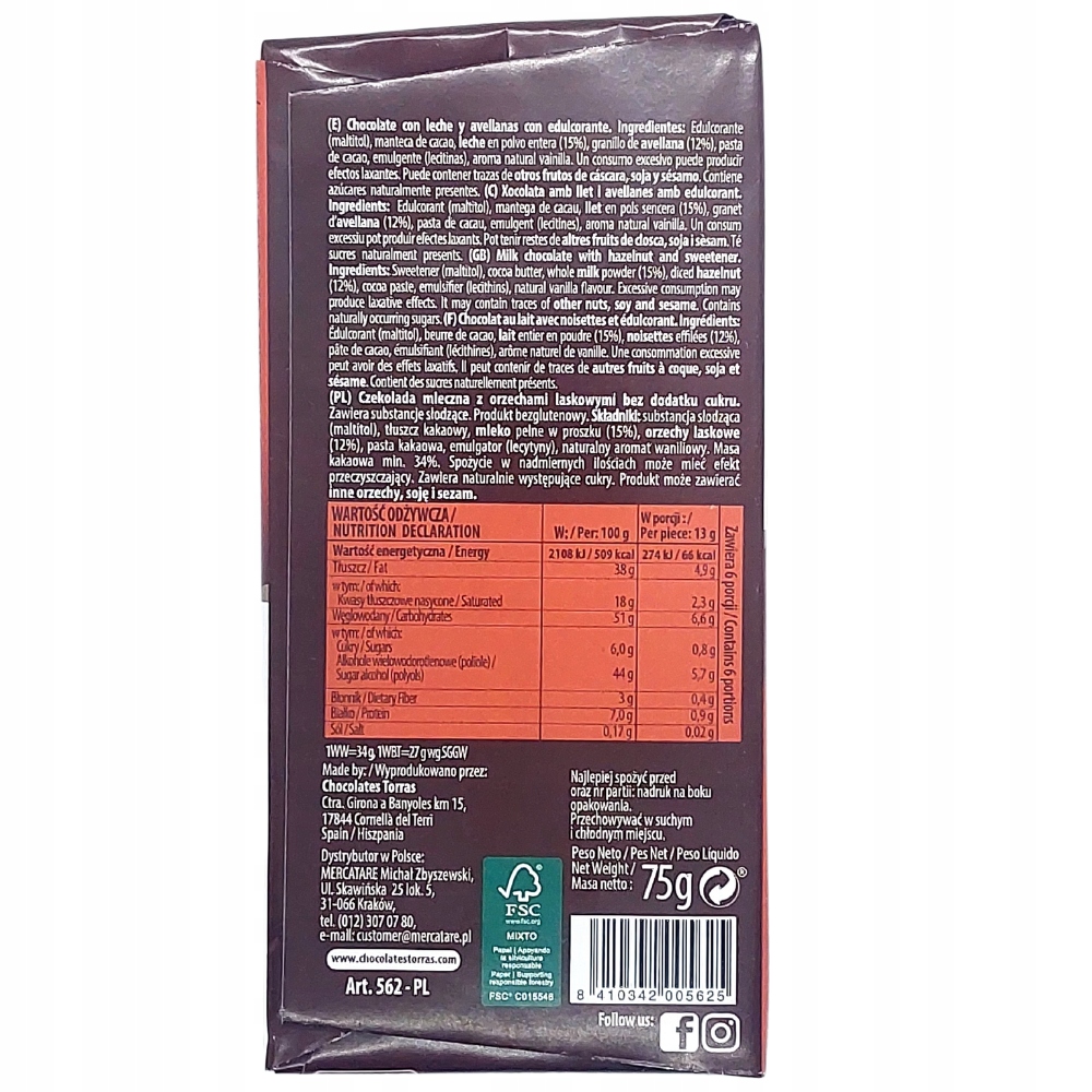 Czekolada mleczna Torras z orzechami laskowymi 75g Bez oleju palmowego - obrazek 4