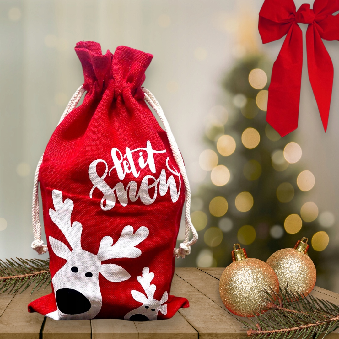Worek na Prezenty Świąteczne - Czerwony Jutowy RENIFER 55x35cm worek duży - obrazek 3