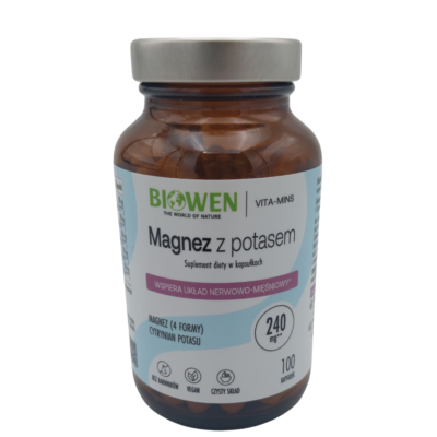 Biowen Magnez z potasem 240 mg, 4 formy magnezu z cytrynianem potasu, 100 kapsułek wegańskich w szklanym słoiku