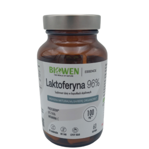 Biowen Laktoferyna 96% Proferrin z witaminą C, 100 mg, 60 kapsułek dojelitowych w szklanym słoiku